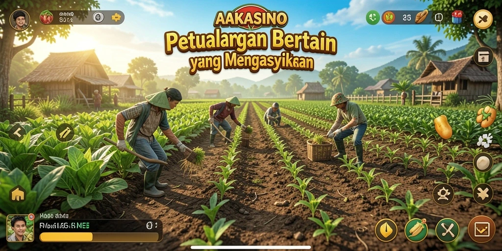 Tampilan menarik dari gameplay AAKASINO yang berfokus pada kegiatan bertani.