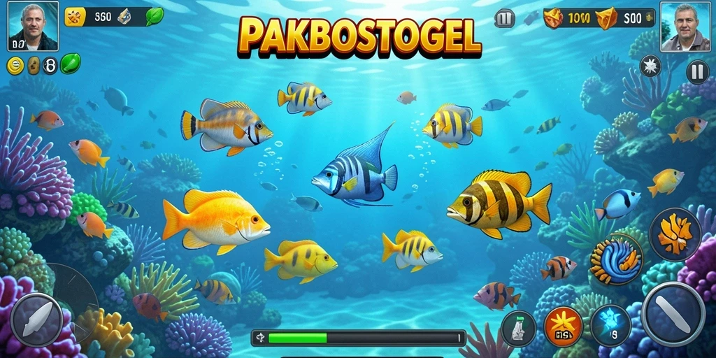 Tampilan gameplay PAKBOSTOGEL saat menangkap ikan yang berwarna-warni.