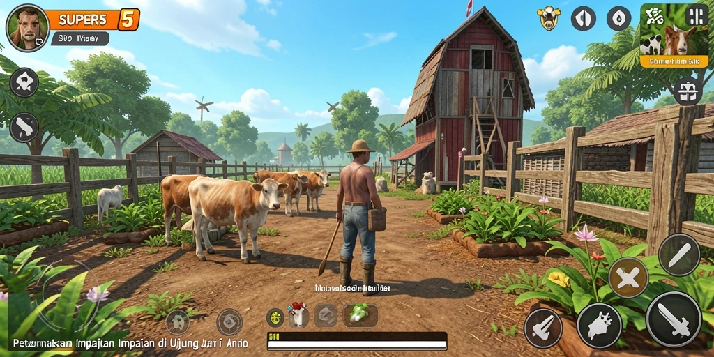 Tampilan gameplay SUPER5 dengan pemandangan peternakan yang indah.